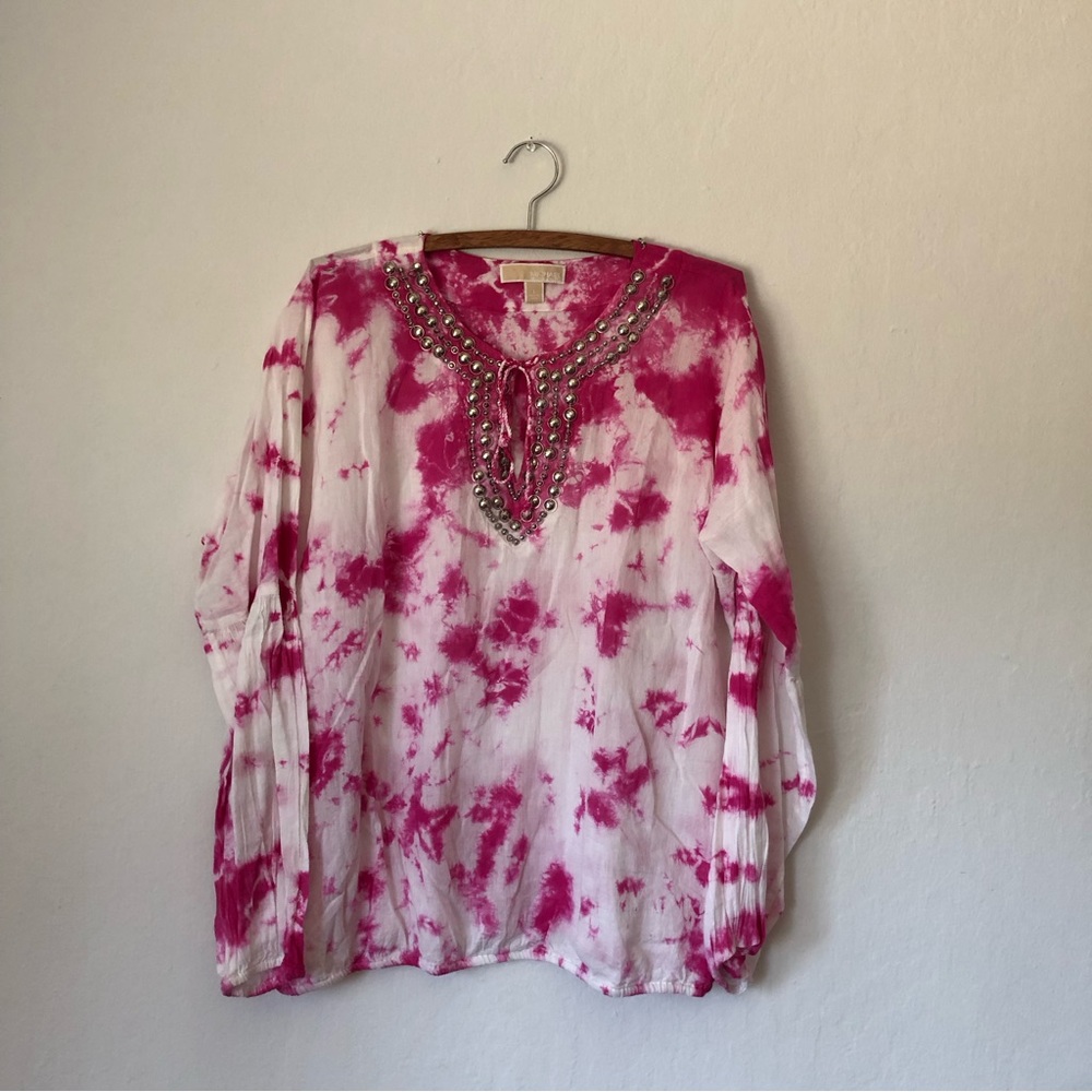 MICHEAL Micheal Kors Tie Dye Blouse Summer Cover Up Jeweled Pink White Large